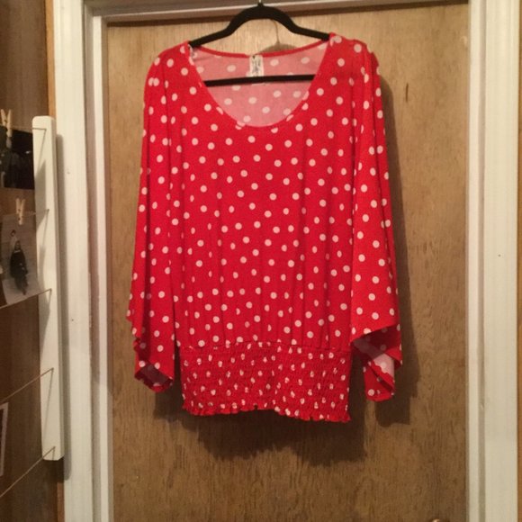 Plus size polka dot wide sleeve smoked bottom top - Picture 1 of 7